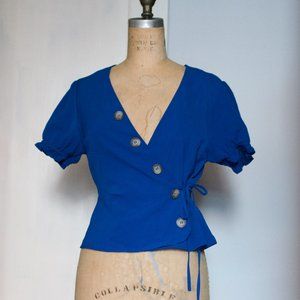 Wrap Around Ruched Sleeve Blue Blouse